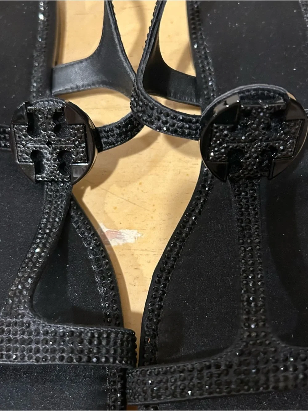Tory Burch Delphine Crystal embellished black flat sandals in size 8